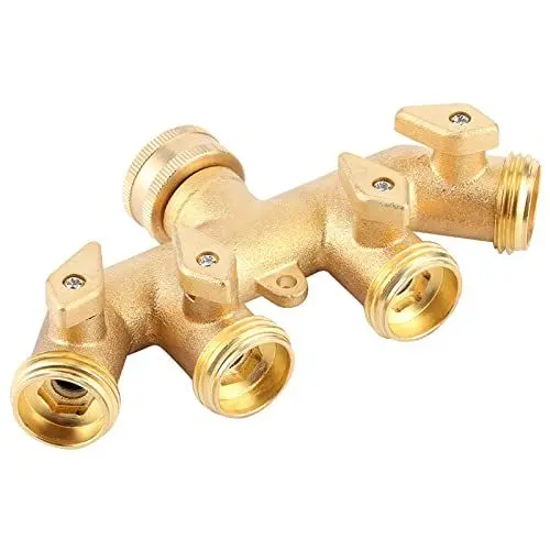 Produktbild: 岐 蛇口 Messing Garten 4-Wege-Schlauchverteiler Schlauchadapter Kugelhahn Wasserhahnanschluss – Wasserhahnverteiler für Gartenbewässerungssysteme